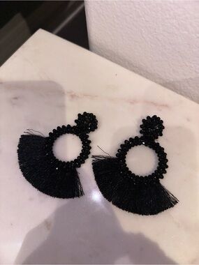 Black Beaded Fringe Hoop Earrings - hand made